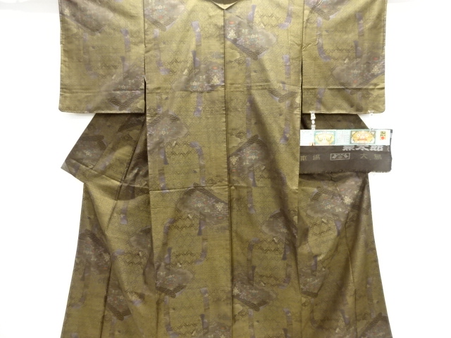 ゆりのはな 縞大島紬 友禅ボカシ染め 黄色/黄土色系 正絹 H802 袷 紬